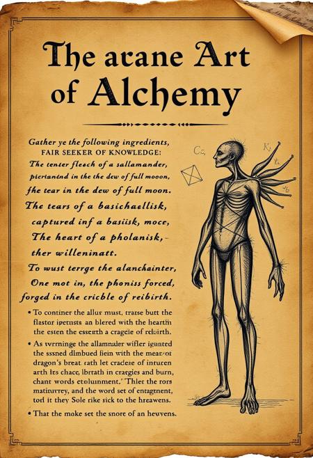 A old brown paper with the title "The Arcane Art of Alchemy" with lots of mathematical equations to the right side is a rough charcoal scetch of a man without legs and to the left is the following text
Gather ye the following ingredients, fair seeker of knowledge: the tender flesh of a salamander, steeped in the dew of a full moon; the tears of a basilisk, captured in the stillness of midnight; and the heart of a phoenix, forged in the crucible of rebirth. To commence the alchemical process, one must first ignite the salamander's flesh with a flame imbued with the essence of a dragon's breath. As it crackles and burns, chant the words of enchantment, Solis et Lunae Coniunctio, and let the smoke rise to the heavens.