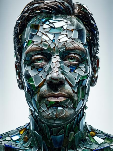 A portrait of an ais-bkglass manâs face looking at the viewer, sorrow in his eyes, completely made of ais-bkglass <lora:Broken_Glass_Style_SDXL:1>