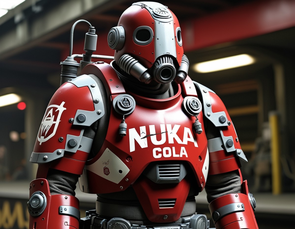 A detailed 3D rendering of a mechanical suit resembling a person is displayed, predominantly red with white and silver acc...