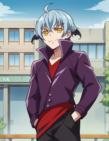 <lora:dokidokiprecure-ira-anime-ponyxl-lora-nochekaiser:1>, ira, blue hair, yellow eyes, ahoge, male focus, wings, bat wings, pants, black pants, belt, shirt, red shirt, jacket, purple jacket, long sleeves, high collar,