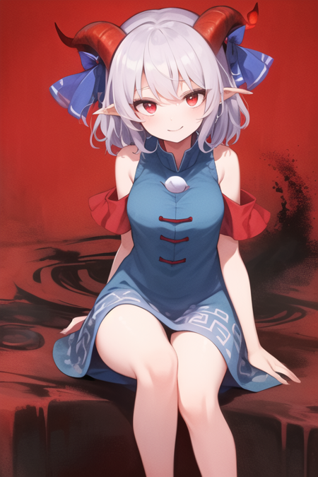 1girl, (((detailed eyes))), (((perfect face))), (((Solo))), ((detailed black oil sea, black oil background)), ((Yuuma Toutetsu, touhou)), ((red eyes)), ((silver hair, fluffy hair, short hair)), ((red goat horns with blue ribbons)), ((light blue dress)), ((short red sleeves)), ((short sleeves)), ((red sleeves)), (((shoulders))), ((looking at viewer)), standing, ((barefoot)), grinning, evil