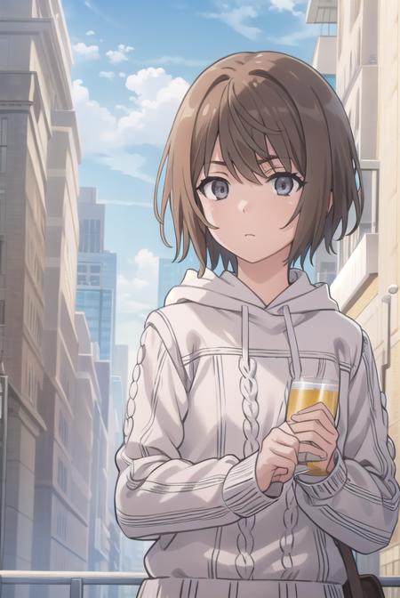 saiai kinuhata, short hair, brown hair, (grey eyes:1.5), hood, sweater, hoodie,