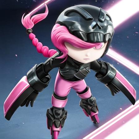 Masterpiece, highest Quality, Highest Resolution, Anime style, anime lighting, anime style face, 1girl, Rollerbrawl, pink hair, braided hair, Helmet, pink eyes, black armor, full body,