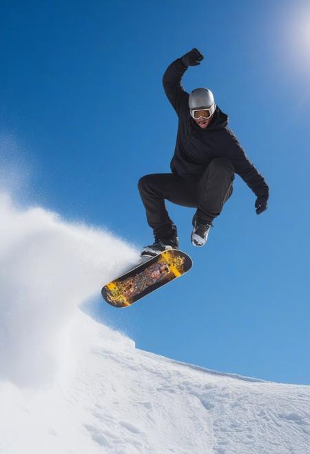 man doing a snowboard stunt, background a sunny blue sky