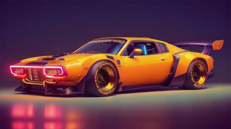 retro cyberpunk ((wide angle)), in a futuristic city ((by night)), neon lights create a luminous atmosphere, a cyberpunk (((hotrod zeekars))) (with glowing rims), wide tires, neon light is visible under the car, at the parking lot, <lora:zeekars:0.65> . 80's inspired, synthwave, neon, vibrant, detailed, retro futurism