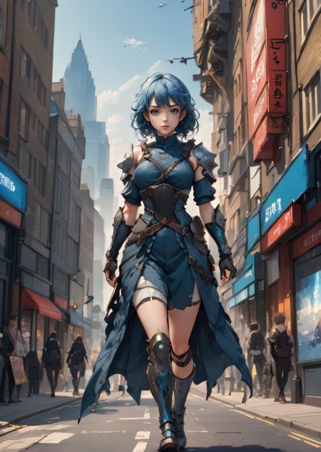 anime style, masterpiece, best quality, mid shot, front view, concept art, 1girl, warrior outfit, pretty, medium blue wavy hair, walking, curious, exploring city, london city street background, Fantasy theme, depth of field, global illumination, (epic composition, epic proportion), manga,,  <lora:SDXLNuclearBrushv2:1>