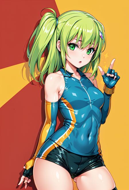 kitami erika green eyes, green hair, long hair, one side up, side ponytail hair ornament, 4th style, skirt, midriff, detached sleeves, belt star hair ornament, lincle, bare shoulders, gloves, shorts, elbow gloves, fingerless gloves, thighhighs 