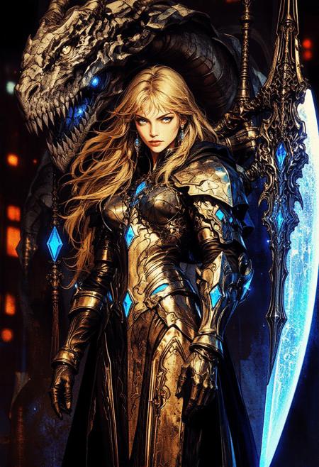 a futuristic, cyberpunk-styled female warrior. She stands in the center of the image, exuding a commanding presence. Her skin is pale and her long, flowing golden hair contrasts starkly with the dark, gold armor that covers her body. The armor is intricately detailed with sharp, angular lines and glowing diamond , particularly around her right arm, which emits a vibrant, ethereal blue light.
She wields a large, double-headed scythe that is almost as tall as she is. The scythe has a metallic sheen, with one blade being a sharp, white, almost crystalline material, and the other blade emitting a similar blue glow. Her expression is intense and focused, with piercing blue eyes that match the glow from her arm.
Behind her, a massive, serpentine dragon with a similarly pale, almost white, scales is coiled protectively. The dragon's eyes are glowing blue, matching her arm and adding to the overall mystical and powerful aura of the scene. The background is a dark, industrial setting with blurred, metallic structures and neon lights, enhancing the cyberpunk feel. The artwork is highly detailed and rendered in a realistic yet fantastical style, typical of high-quality digital art.