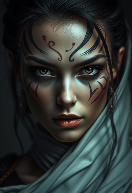 Strong moody style portrait of an elegant battle-hardened warrior with hyperrealistic features and surreal abstract facial markings.  Deep expressive eyes, low contrast, graceful and refined, cinematic lighting, dramatic high-contrast color palette.