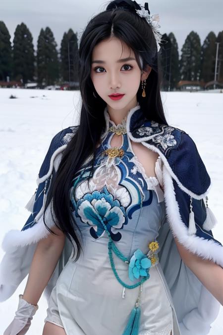 ltra-detailed,highly detailed,best quality,masterpiece,illustration,realistic,photorealistic,
guqinghan,cangyugezhu, 1girl, solo,
chinese clothes, china dress, gloves, fur trim, side slit, cape, shawl,
jewelry, earrings, tassel,
black hair, long hair, hair bun, hair ornament, hair flower,
looking at viewer, upper body, walking,
outdoors, winter, snow, flower,
<lora:guqinghan cangyugezhu_v1_04:0.7>