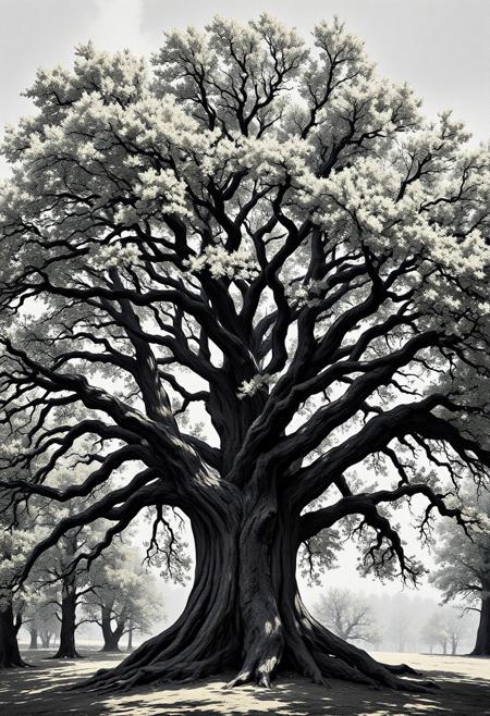 Raw photo, ((best quality)), 8k, high texture resolution, dense crown of an ash tree,  ancient, old tree,  a fantastic landscape surrounds this tree, ((masterpiece)),  <lora:aidmaFLuxPro1.1_v0.3:1> aidmafluxpro1.1,  <lora:aidmaHyperrealismv0.3:1> aidmaHyperrealism
<lora:tbh124-sdxl:0.15> style of Jean-Antoine Watteau,
<lora:tbh129-sdxl:0.15> style of Michael Cheval,
<lora:Sinozick:0.15>,
<lora:add-detail-xl:0.7>,
<lora:aidmaMJ6.1_v0.5_2:0.3> aidmamj6.1,
<lora:Flux-XL_Scenery:0.15> flux-scenery,
<lora:Flux-style-xl-lora:0.15> flux-style,
<lora:FLUX-daubrez-DB4RZ-v2:0.35> DB4RZ, DB4RZ style painting <lora:illustration004:0.8> illustration004 chaotic expressive line-art scribbled and erratic strokes monochromatic black ink <lora:Scribble Portrait Drawing:0.35> Drawing <lora:aidmaMJ6.1_v0.5_3:0.35> aidmamj6.1, aidmamj6, mystcorbCE_style