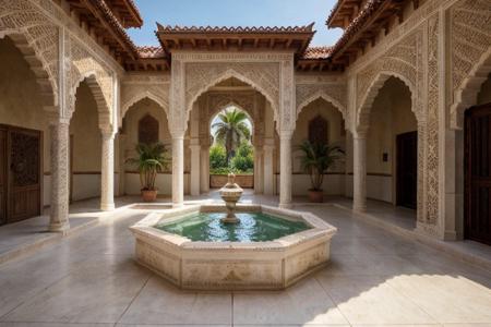 An elegant Islamic-style house exterior, featuring intricate geometric patterns and ornate arabesques on the facade. The building should have tall, arched windows with decorative lattice work, and a grand entrance framed by a beautifully carved wooden door. The roof should be adorned with domes and minarets, showcasing traditional Islamic architecture. Surround the house with lush gardens filled with vibrant flowers, palm trees, and a small, serene water feature. The scene is set during golden hour, casting a warm glow over the intricate details, creating a peaceful and inviting atmosphere.