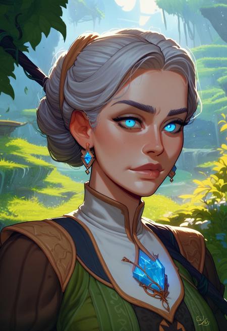 score_9, score_8_up, score_8, score_7_up, score_7, score_6_up, score_6, score_5_up, Score_5,  elven priestess with flowing silver hair, glowing emerald eyes. wearing moss green robes with silver embroidery, intricate Celtic knot patterns. soft, ethereal glow surrounding her, enhancing her spiritual presence. adding delicate leaf-shaped earrings and a silver headband with a sapphire gem. holding a staff adorned with vines and crystals, natural beauty in her serene expression. beams of sunlight filtering through dense forest canopy, creating dappled patterns of light and shadow. emphasizing texture of soft velvet and shimmering satin of her robes, detailed fabric patterns and handcrafted jewelry, vox machine style, 1girl, female focus, solo, close up portrait, fantasy, medieval city background, (dynamic lighting:1.1) ((masterpiece))
Hide