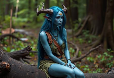 Female tiefling, blue skin, cyan hair, long hair, horns, orange sclera, druid clothes, green clothes, forest environment, realistic, photography, skimpy clothes, sitting on log, looking off-screen