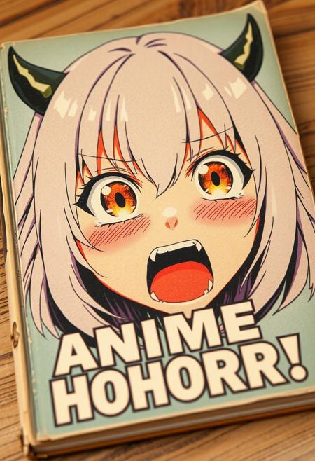 Vintage book 60-ss with frayed edges, in style of romance novel, called with big bold text "ANIME HORORR!", lying ot the table. Cover of this vintage book depicting an anime character, in an intense, exaggerated emotional state, with wide, teary eyes and an open mouth, giving the impression of shock, fear, or frustration. The character has pale lavender hair with a straight fringe and two small black accessories or horns protruding from the sides of her head. Her hair flows around her face, framing her expression. Her large, amber-colored eyes are the focal point of the image, filled with shimmering tears. The pupils are wide, and the light reflection in the eyes adds a dramatic effect. Her cheeks are flushed with a rosy hue, further highlighting the strong emotion she is experiencing. Her mouth is open in a scream, revealing the inside of her mouth, with sharp lines emphasizing the intensity of her reaction.