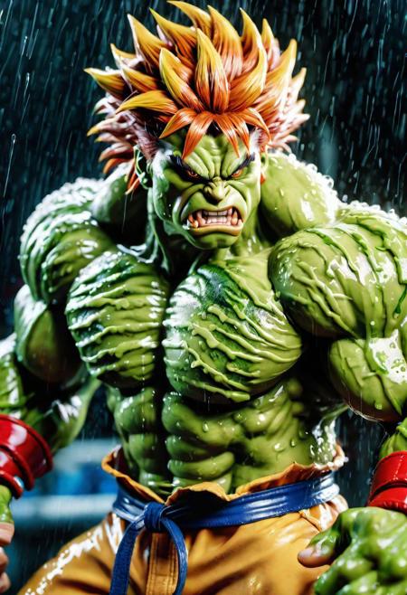 masterpiece, best quality, photograph, cinematic, 8k, Capcom Street Fighter Blanka, wet skin, photorealistic, high resolution, detailed, raw photo, buff, real life shot, raining
