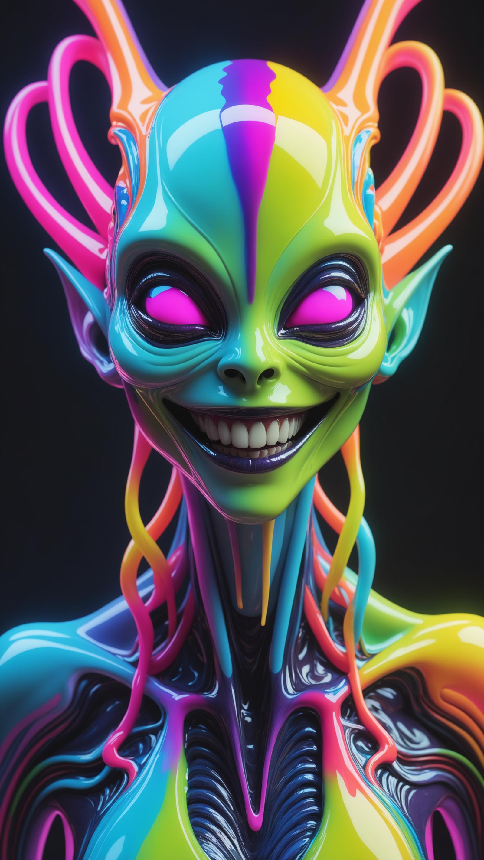 Colorful Alien Head with Pink Eyes and Green Teeth