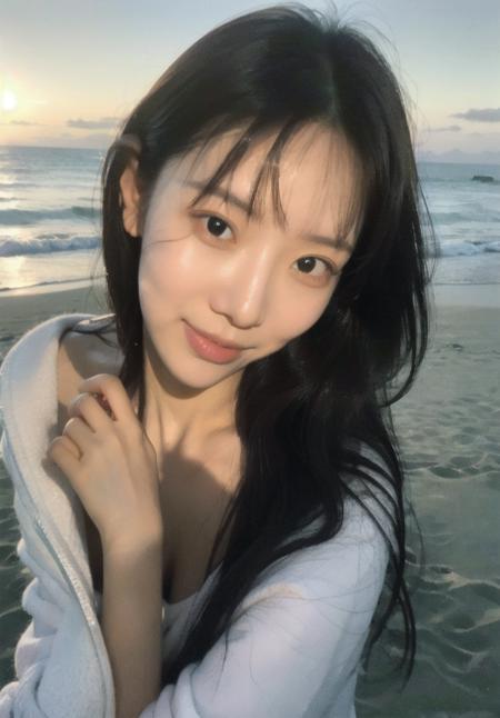 (nice hand:1.2)head photo,1 girl,black hair,(smlie:0.4),(beach),(ocean),(waves),(sand),(palm trees),(sunset).(bust photo:1.3),
<lora:hwoniii_lora:0.8>,
(EOS R8,50mm,F1.2,8K,RAW photo:1.2),close-up of the head,
<lora:InstantPhotoX3:0.4>,<lora:FilmVelvia2:0.5>,