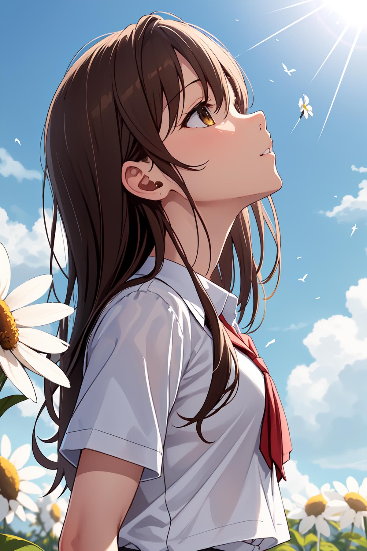 A girl with a red tie looking up at a butterfly in the sky.