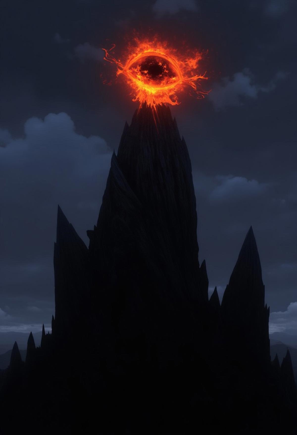 The image is an anime-styled illustration of a menacing and powerful character from the Lord of the Rings. The Eye of Sauron, perched atop Barad-dûr, the Dark Tower, is one of the most iconic and menacing symbols in J.R.R. Tolkien's The Lord of the Rings series. The Eye itself is depicted as a fiery, lidless eye, constantly searching and surveying the lands of Middle-earth. Its form is intense and unsettling, with a slit pupil that resembles that of a reptile or cat, giving it a predatory and all-seeing appearance.
The iris of the Eye glows with a burning, molten orange or red hue, radiating power and malevolence. Flames and tendrils of fire often seem to flicker around it, emphasizing its unyielding and consuming gaze. 
Barad-dûr, the fortress on which the Eye is set, is a massive, dark tower made of black iron and stone, located in the land of Mordor. The structure is imposing and jagged, with sharp spires and battlements that reach skyward. The tower is surrounded by an oppressive atmosphere of shadow and gloom, with dark clouds often swirling above, contributing to its ominous and foreboding presence.
The Eye of Sauron atop Barad-dûr is not only a literal symbol of Sauron's power but also a metaphoric representation of his desire for control and domination. Its gaze is relentless, embodying the fear and dread that Sauron instills in those who oppose him.