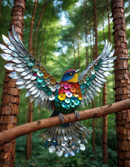 A bird in a forest made of cd's  <lora:CDs_SDXL:1>