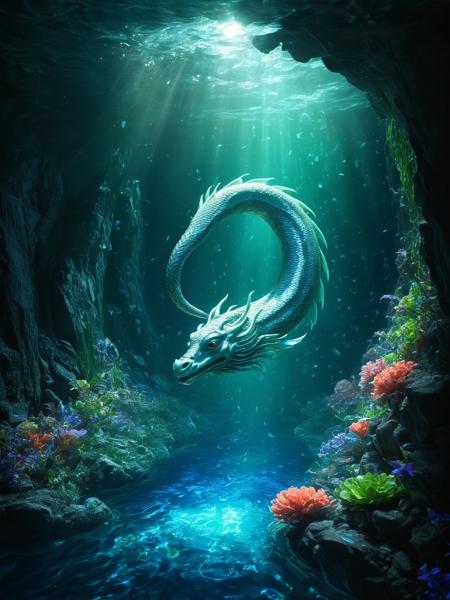 graceful water nymph emerging from a spring,surrounded by sparkling water droplets and vibrant aquatic plants.A majestic sea serpent twisting and coiling through the waves,its scales shimmering in shades of blue and green.ethereal underwater city with glowing coral buildings,colorful fish swimming by,and shafts of sunlight piercing through the water from above.  A tranquilcave filled with bioluminescent creatures,organisms,casting a soft,otherworldly light on the surrounding rocks and water,magical creatures,absurdres,