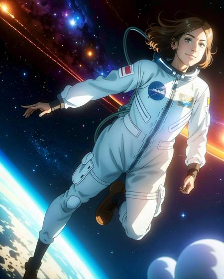 masterpiece, perfect lighting,
 (dynamic angle), (floating in space), 
 1girl, full body, SerikaIto, brown short floating hair, <lora:SerikaIto:1>,
wearing astronaut suit,  light smile,
white moon in the background, rocket, space