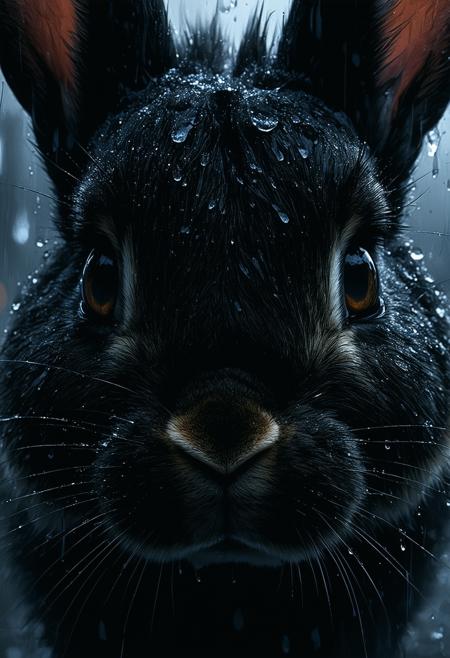 Frank Miller Sin City comic style. Extreme close-up: Bunny's head snaps upward, intense wide-eyed gaze locking onto viewer. Stark high-contrast absolute black and white, dramatic chiaroscuro casting harsh graphic shadows. Sharp focus isolates piercing dark eyes, glistening wet fur emphasized against deep shadow. Rain-slicked gritty urban twilight backdrop, softly blurred. Tense, surreal atmosphere; unexpected confrontational energy radiates from the sudden focused awareness. Wet black eyes reflect blurred city lights.