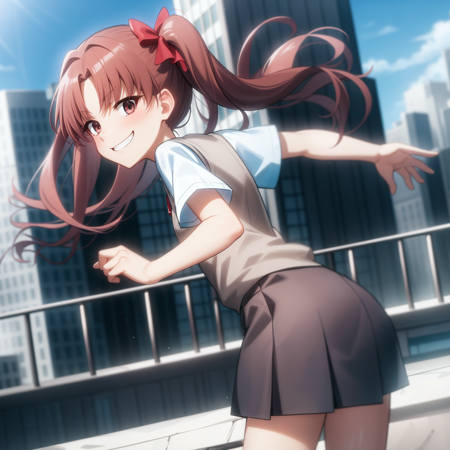 <lora:Kuroko:1>,
 anime screencap,city,blue sky,outdoors,
1girl,solo,brown hair, twintails, cowboy shot, tokiwadai school uniform, sweater vest, skirt,brown eyes, smirk, skinny,loafers,from behind, white shirt,looking at viewer, looking back, outstretched arm,