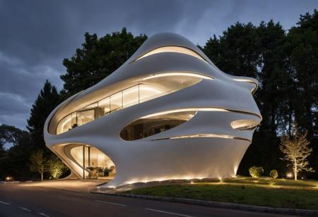 , ((Futurism)), building,masterpiece , best quality, RAW photo, subject, 8k uhd, dslr, soft lighting, high quality, film grain, Fujifilm XT3, outdoors, day,  tree,  ground vehicle, building, scenery, road, lamppost, real world location, curvy, <lora:JJsFuturismStyle_Building_XL_dim128:1>