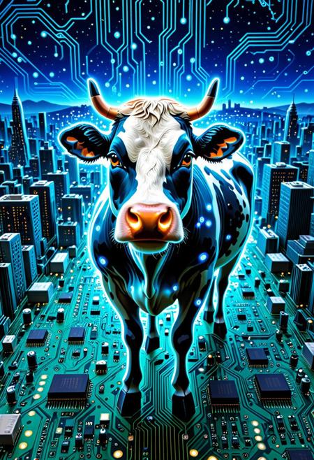 masterpiece, best quality, very aesthetic, absurdres,(score_9, score_8_up, score_7_up),TzigoCBS, epic background, nightsky cityscape landscapes with buildings made of as a circuit board, a cow made of as a circuit board, glowing eyes, vivid eye color, (beautiful eyes:1.2), (gradient iris, crisp iris edges), confident pose, action dynamic pose,