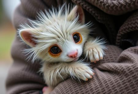 an odd, cute, adorable, unusual, fluffy cuddly creature snuggling with someone