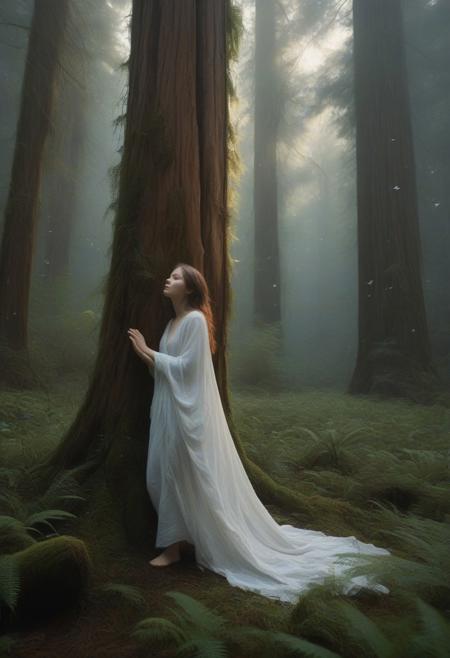 "The Forest Whisperer"
A young woman in flowing white linen connects with an ancient redwood forest at dawn. Her hand gently touches the moss-covered bark as thousands of bioluminescent butterflies swarm around her. Incorporate:
Yigal Ozeri's masterful portrayal of women in nature with photorealistic skin textures
Ivan Shishkin's intricate forest detail and natural lighting through canopy
Carne Griffiths's ethereal flowing elements in the fabric movement
Alyssa Monks's intimate human connection and atmospheric moisture
Robert Longo's dramatic contrast and emotional intensity
Jason De Graaf's hyperrealistic light reflections through morning mist
Camera: Ultra-wide angle, f/1.8, golden hour lighting, 8K resolution
Style: Photorealistic, emphasizing microscopic detail in bark texture and fabric weave
photorealism, hyperrealism and hyperdetailing ,a UHD masterpiece photography.