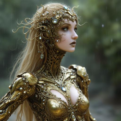 a female android with metal skin and golden wire hair, wearing a bejeweled dress dancing in the rain as she glitters and shines with her radiant silver blue eyes