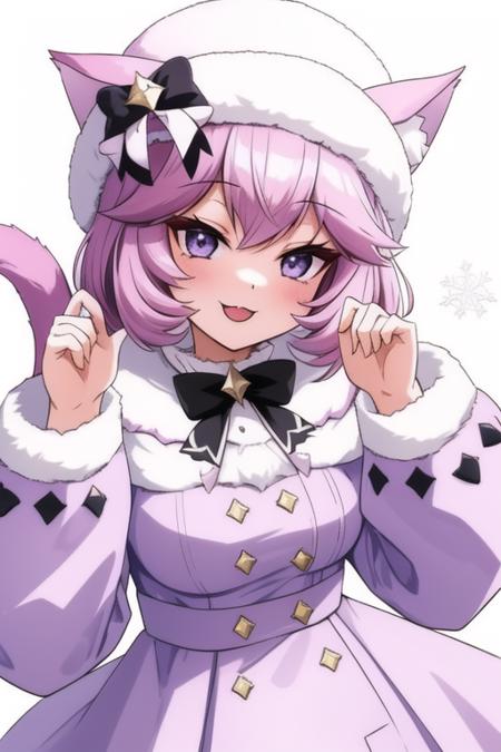 <lora:nyatasha_nyanners:1>, nyatasha nyanners, masterpiece, best quality, 1girl, virtual youtuber, animal ears, cat ears, dress, hat, pink hair, smile, purple eyes, fur trim, looking at viewer, cat girl, capelet, bangs, solo, animal ear fluff, hair between eyes, bow, open mouth, winter clothes, black bow, blush, medium hair, fur-trimmed dress, fur hat, fur-trimmed capelet, long sleeves, fang, blue dress, :d, white headwear, frills, fur-trimmed sleeves, purple dress, coat, short hair, snowflakes, white background, winter coat, bowtie, skin fang, buttons, simple background, frilled dress, blue eyes, wings, :3, cat tail, eyelashes, hands up, black bowtie