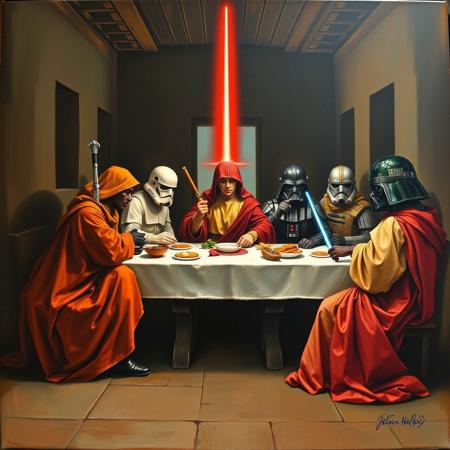 Star Wars characters recreating the last supper. Oil paint on canvas. In the style of Leonardo Davinci.