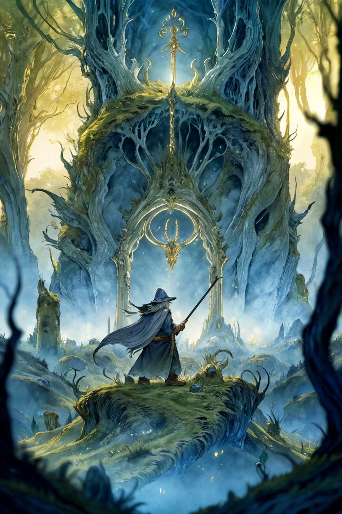 A wizard holding a staff in front of an arched doorway.