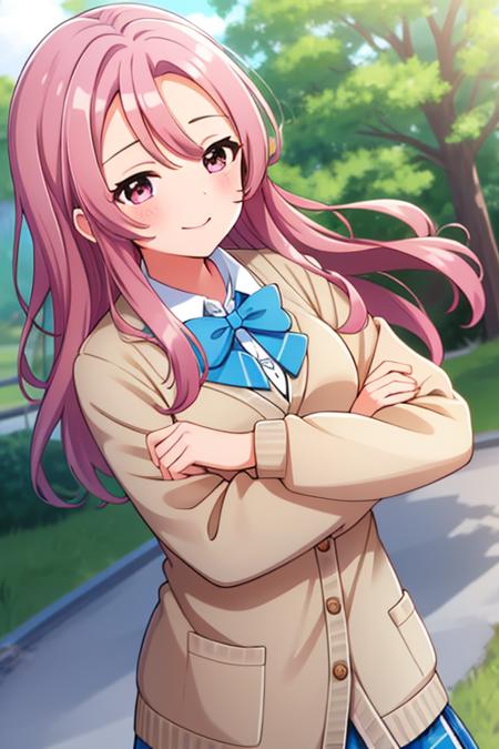 masterpiece, best quality, 1girl, solo, serizawarenge, pink hair, long hair, pink eyes, bangs, brown cardigan, long slevees, blue bowtie, plaid skirt, green skirt, school uniform, smile.