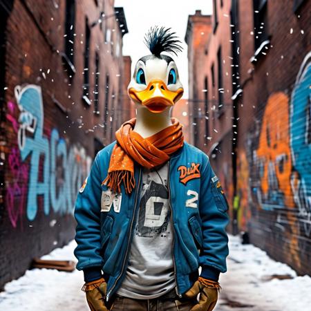 Super detailed high quality 32K resolution, Pose: A quirky anthropomorphic duck stands confidently in the middle of an urban alley, hands tucked into the pockets of a worn-out jacket, with his head tilted slightly forward, his oversized, expressive blue eyes locking onto the viewer with a hint of cheeky determination, Facial Expression: A playful smirk stretches across his beak, paired with an intense and curious gaze that suggests a bold, street-smart attitude, Created by Sasan. Clothing: The duck is dressed in a weathered, blue bomber jacket with patches and scratches, paired with a vintage orange scarf wrapped loosely around his neck. Beneath the jacket, he sports a grungy t-shirt emblazoned with the word "ّFluxPro.art" in bold, faded letters, giving him a rugged yet charismatic appearance, Accessories: His feathers are slightly ruffled, with a distinctive mohawk-style tuft atop his head adding personality. The subtle wear and tear on his outfit, combined with a few dirt smudges on his beak, complete his streetwise aesthetic, Background and Style: Set in a gritty urban environment, the alley is alive with vibrant graffiti covering the walls and warm, glowing string lights hanging above, contrasting with the falling snowflakes that add a touch of seasonal charm. The style is hyper-realistic with whimsical details, blending realism with cartoon-inspired fantasy, making the character and setting pop with vivid life and personality, Created by Sasan.