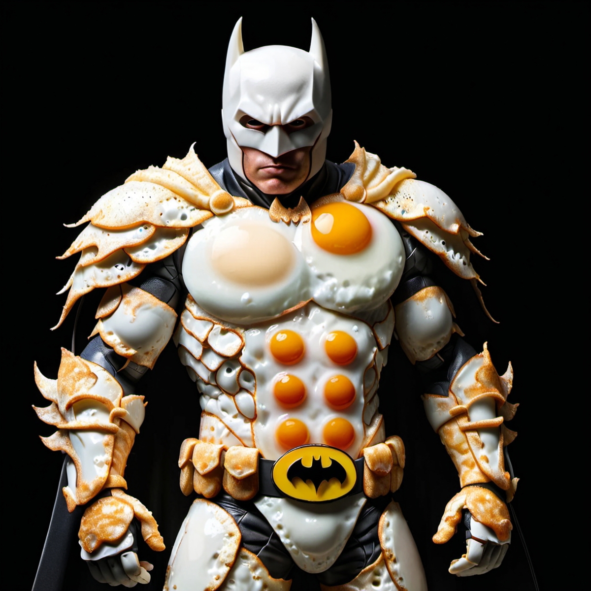 A Batman figure with a unique design featuring eggs on the chest.
