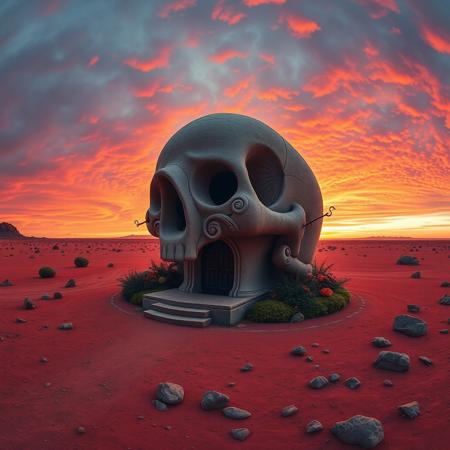 wide angle landscape image of an intricately designed, gothic-inspired house shaped like a human skull, with a grand, ornate entrance in its mouth and two circular windows resembling eyes, stands alone in a dry red dusty plain littered with jagged rocks. The  house's surface adorned with subtle, eerie carvings and intricate stonework, a neat garden surrounds the house, adorned with vibrant, curly vines and exotic flowers, as the sky above is set aflame by a vivid, pink-orange-purple sunset, casting a warm, golden glow over the entire scene