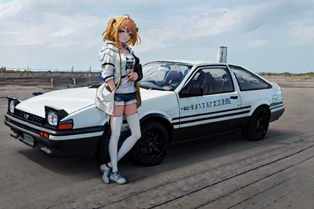 absurdres, ((masterpiece, best quality)),extremely_detailed_wallpaper, illustration,1girl,(girl:1.5),standing, (fullbody), [car],(yellow car:1)solo, (girl stand in front of car:1.5),sitting ,(blonde hair),(yellow hair) ,long hair,looking at viewer,bright,beautiful detailed sky,cloudy sky,city,light,motor vehicle,ground vehicle, sports car,vehicle focus, legs,(white thighhighs),(white footwear),denim shorts, (gray hoodie), <lora:AE86_2:0.7>