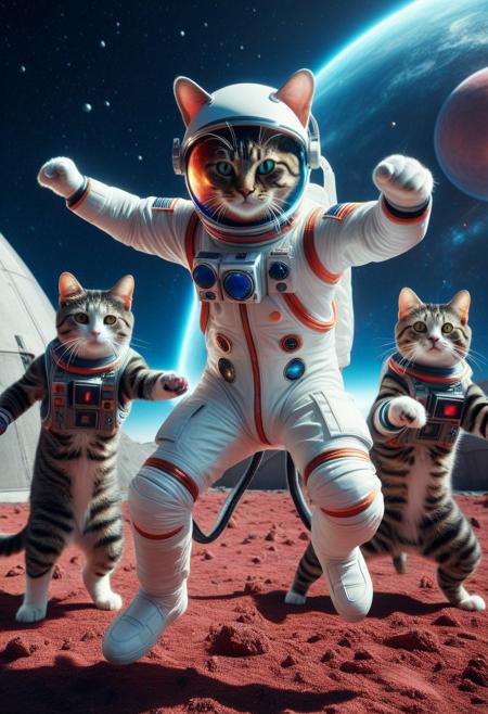 (made of CosmicStyle:1.3),  closeup astronaut cat made of CosmicStyle, dynamic Kungfu fighting pose, jumping, hand up, holding huge watermelon, pointing at viewer, wear animal ears helmet, wear round goggles, wear astronaut suit made of CosmicStyle, (surround by several cats:1.2), on planet ground, space base in background, cinematic, cinematic lighting, (masterpiece, best quality:1.4), ultra-high res, 4k, Photorealistic, insanely detailed, sfw,