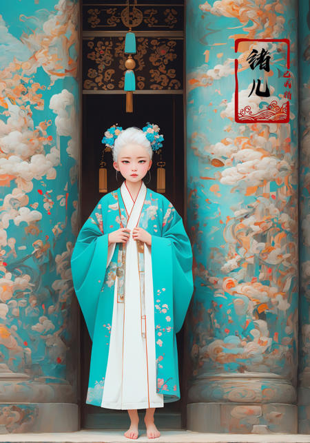 32K, Surreal, best quality, masterpiece, highres, original, extremely detailed wallpaper,
perfect lighting, UHD, white hair,Zhang Jingna,in the style of aggressive digital illustration, bold and colorful portraits, lit kid, Picasso,Hikari Shimoda(full body:1.2), (East Asian architecture:1.3)
(Blue road robe1.3)
<lora:~Q?-YG^{Zwith horns:0.8>