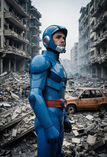 Photo of a megaman who is standing looking at how his city has been destroyed by a nuclear bomb. He has just arrived at the disaster and observes the horror of the destruction, ruined buildings full of smoke and flames, ground full of rubble with skeletons lying around In the dawn light floods the scene, the man is completely dressed in normal clothes and wet, he is dirty, everything is a disaster, the sky is cloudy and it is raining, , Fujifilm XT3,film still,film grain,cinematic,soldier accessories,war style, professional photo,best quality and best aesthetic,Award-winning artistic photos,Outdoors,public places,defeated posture, ( detailed in background:1.6)Serious,Curi