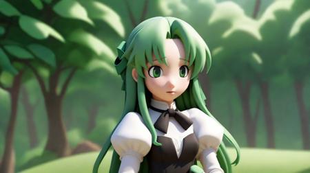 a forest in the background BREAK <lora:lcm-lora-sdxl:1> <lora:fiaa:0.80> a garden in the background, 3D graphics, close up, adult, Fiaa, long (green:0.5) hair, fingerless mittens, (light green:0.5) ribbon on her hair, (white:0.5) blouse with puffy long sleeves, closed strapless (black:0.5) vest over the (white:0.5) shirt, long (green:0.5) skirt, (black:0.5) bowtie