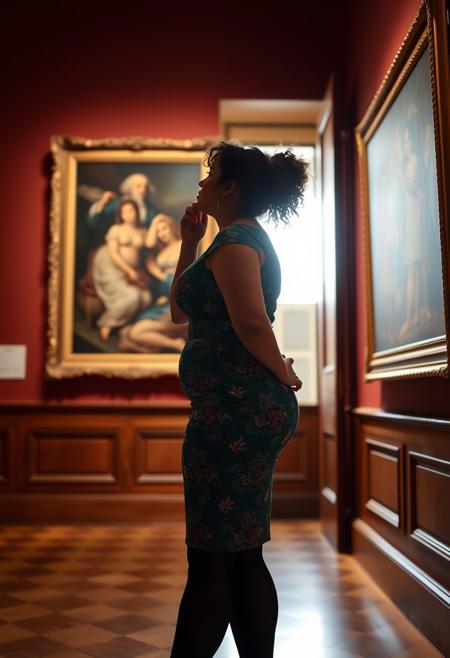 A full body shot of a curvy full figured fit hourglass brunette caucasian woman with natural pale white skin and curly hair in a ponytail, fascinated looking up at an artwork in the british museum, seen from the side with her hand on her cheek, wearing a floral teal bodycon dress and tights, silhouetted against light streaming through a doorway