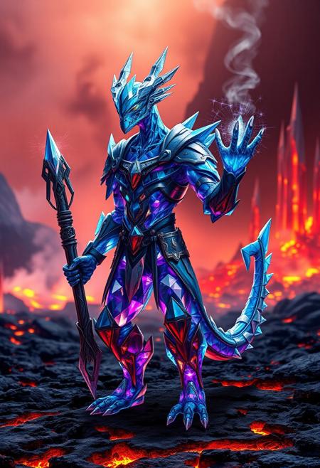 A highly detailed, intelligent portrait of a Krython, a crystalline species from volcanic realms. Standing upright with two hands, two feet, and a tail, the Krython wears ornate fantasy armor, holding an intricately designed weapon that hints at its advanced culture. Its body, made of multifaceted translucent crystals, refracts vibrant colors ranging from deep blues to shimmering purples. Its sharp, sleek limbs and angular features highlight both its intelligence and otherworldly elegance. Glowing eyes radiate internal energy, reflecting its emotions and keen awareness.
In the background, futuristic architectural spires of sci-fi design emerge from the volcanic terrain, crafted from crystal and metal, harmonizing with the surrounding geothermal environment. These towering structures pulse with energy, symbolizing the Krython’s sophisticated civilization.
The volcanic landscape, with molten lava and rising steam, glows in the eerie light of geothermal vents. The Krython stands confidently, manipulating energy waves with one raised hand, demonstrating its ability to communicate through harmonic vibrations. Cinematic lighting enhances the crystal textures and the vivid colors of the surroundings, emphasizing the majesty, power, and intelligence of the Krythons, guardians of their volcanic realm. (Ultra-realistic, 32k, Masterpiece, High Quality, Detailed Realistic Background, Official Art, Realistic Lighting).