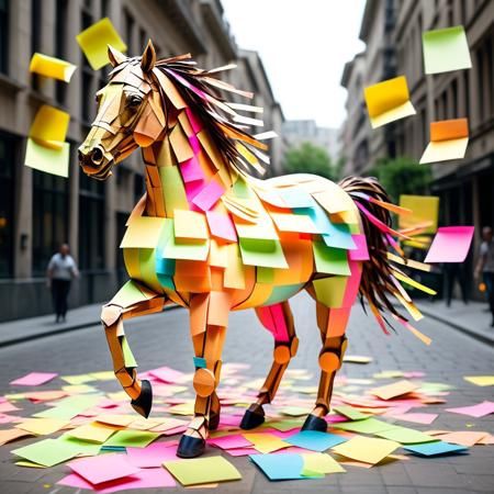 masterpiece, ultra detail, a horse made of StickyNotes running at high speed, leaving a trail of StickyNotes in the air, motion lines, urban street background, motion moviment