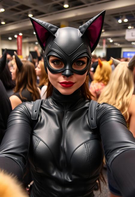 portrait of Catwoman at a fury convenion, surrounded by people in cats costumes, piece sign, candid selfie style